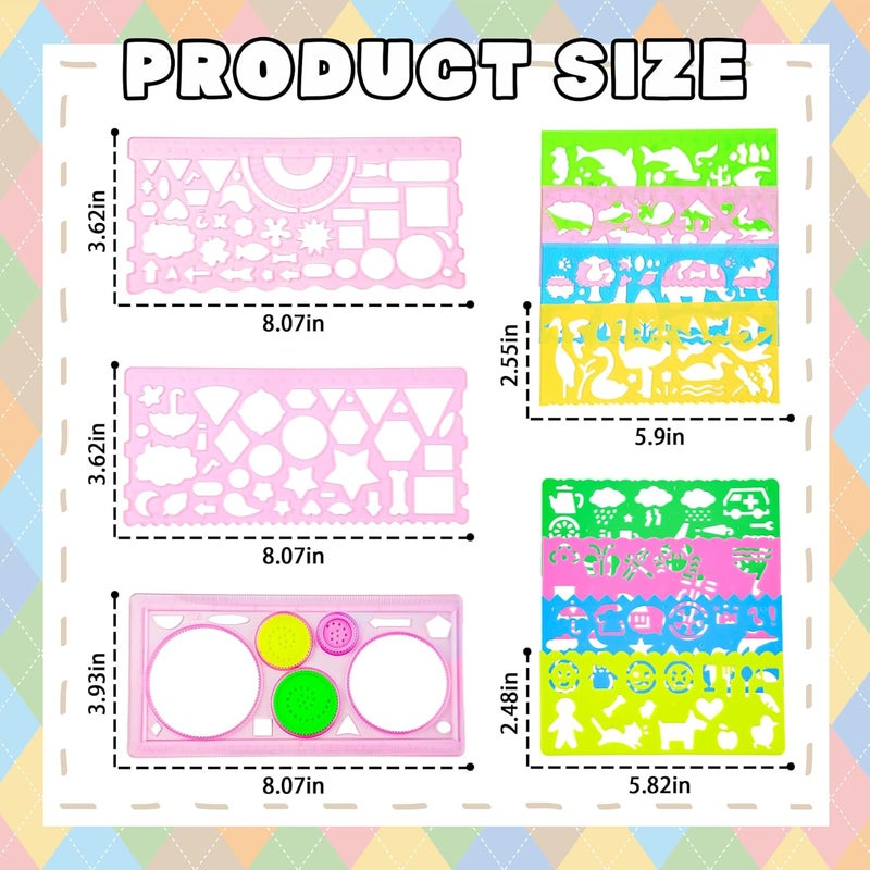 Acoavo 11Pcs Pink Colorful Art Painting Template for Drawing Geometric Drawings Templates with Bag Spiral Curve Stencils Rulers for Kids Drawing Stencils for Preschooler Student Classroom Learning Tool(Girl) - Image 3